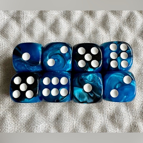 New Set of 8 Blue & Black Swirl 15mm Acrylic Dice w/ Glass Tube & Storage Bag - Picture 2 of 6